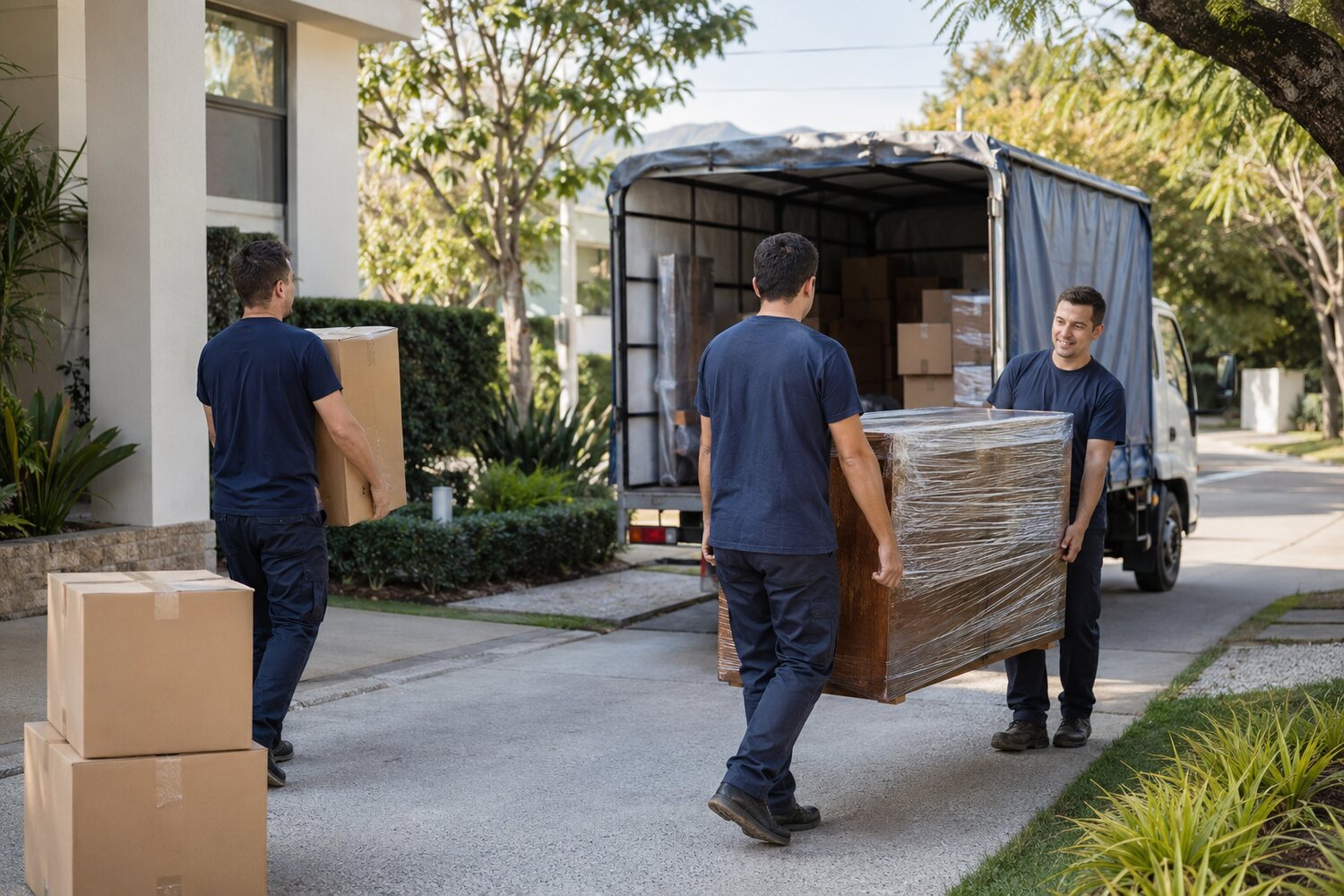 Personal trasladando cajas y un mueble protegido hacia un camión de mudanzas